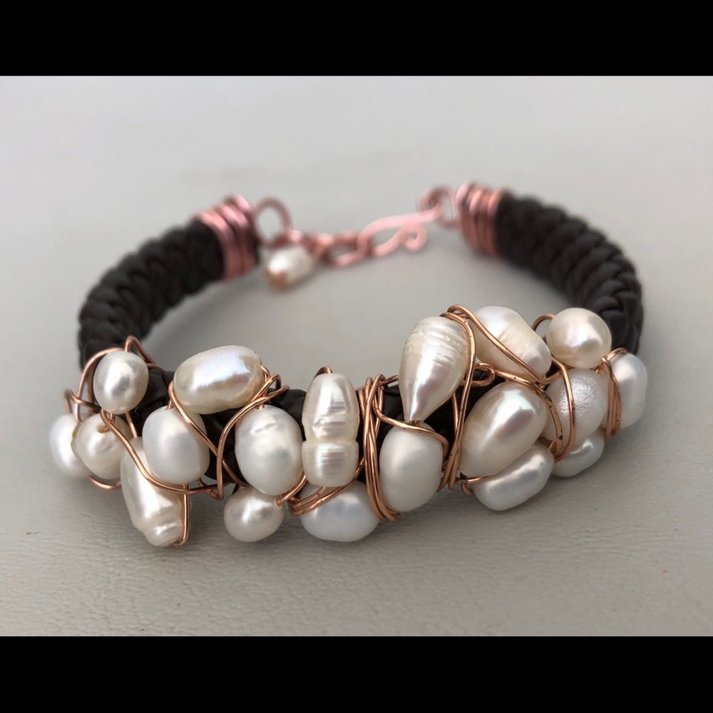 Leather & Pearls with Faux  Rose Gold Bracelet